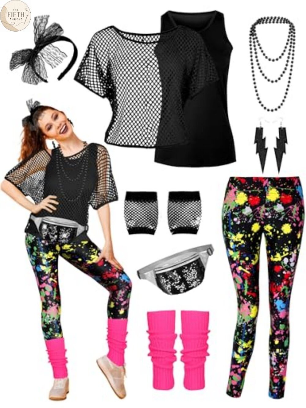 80s 90s Women Costume Set Fishnet Top Vest Pants Leg Warmers Fanny Pack